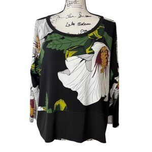 Eva Varro Floral Print Top Black Green White 3/4 Sleeve Womens Size L